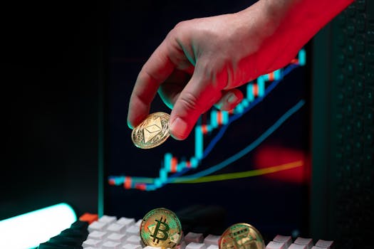 A hand holding cryptocurrency coins with a financial chart in the background, depicting market trends.